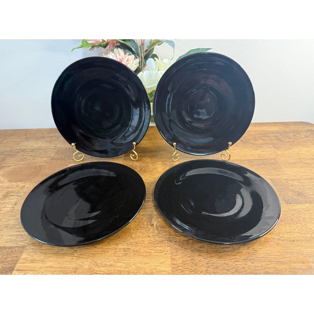 Vintage Black Amethyst Glass Plates Set of 4 Round Depression